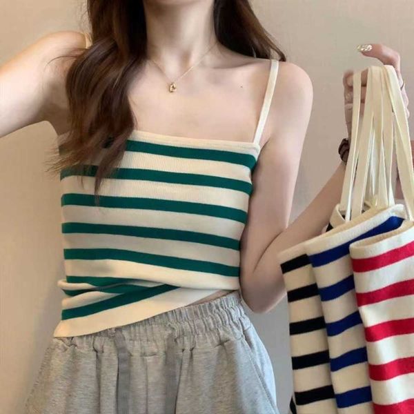 

summer new stripe knitted slim strap women's short fit versatile sweet, cute, slim outerwear, underwear womene, White