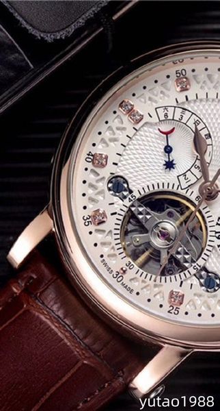 

wristwatches for men 2023 new mens watches five needles tourbillon automatic mechanical watch europe luxury brand leather strap pate mens fa, Slivery;brown
