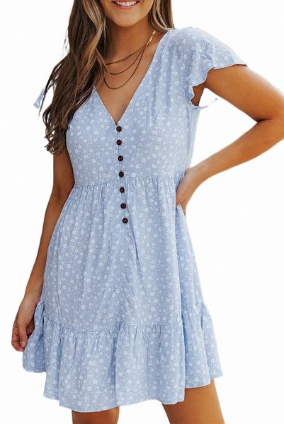 

sky blue floral v neck buttoned babydoll dress with ruffled hem p95r#, Black;pink