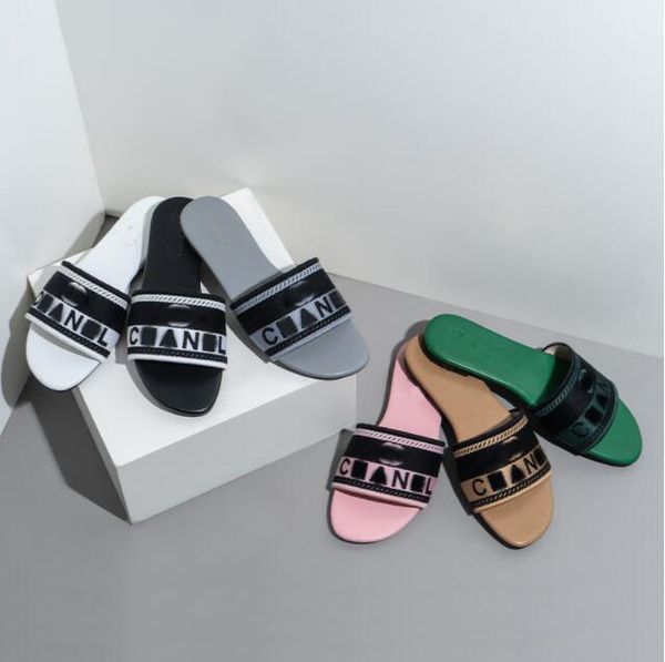 

embroidery slippers rubber sandals beach woody flat mule linen white black pink slide fashion scuffs slippers indoor designer shoes