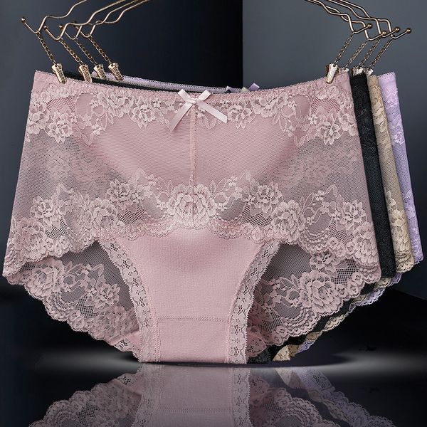 

women's panties antibacterial crotch lace underwear women's high waisted underwear middle-waisted traceless lace hemmed underwear, Black;pink
