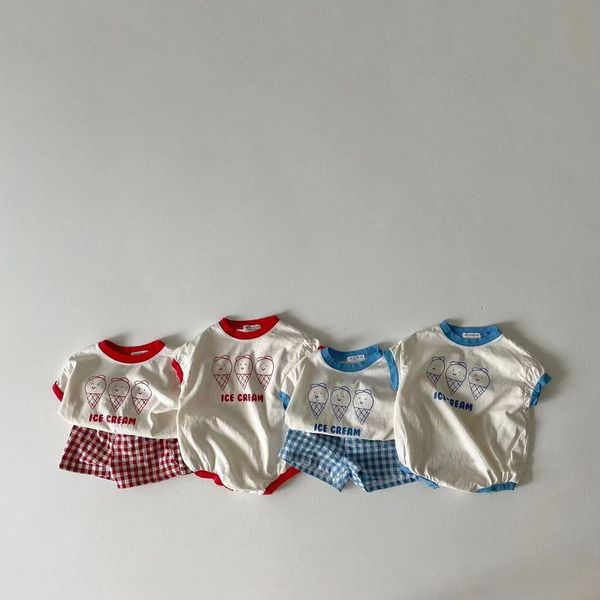 

pajamas set pakaian motif es krim imut bayi baru musim panas 2023 t shirt lengan pendek laki laki 2 potong kaus katun perempuan celana kotak, Blue;red