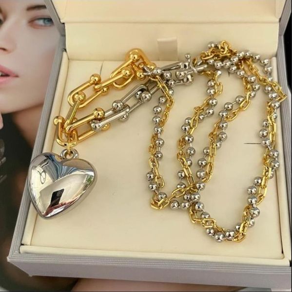 

vintage dangle earring brass 18k gold plated stereo love shaped clavicle chain peach heart double color joint chain necklace, Silver