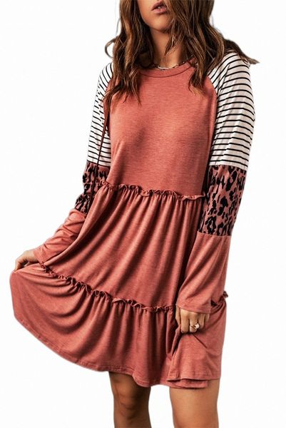 

pink striped leopard patchwork long sleeve mini dress i37u#, Black;pink