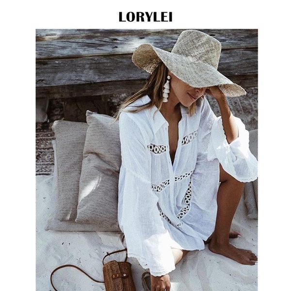 

swimwear hollow out turn down collar button front open a line mini dress for women summer tunic beach wear swim suit cover up n429, White;black