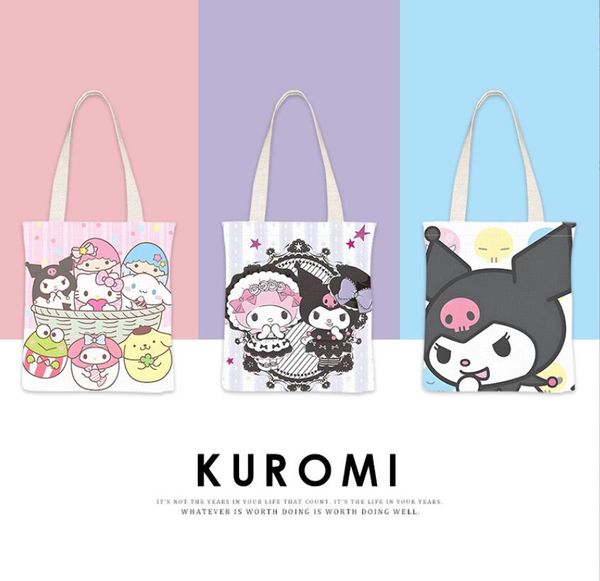 

girl cute black purple kuromi double sides print canvas handbags student cute accessories big capactiy bag gift