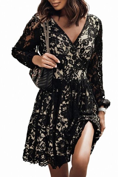 

black v neck lace skater mini dress 2023 new e8yo#, Black;pink