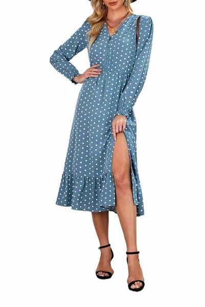 

blue button polka dot high slit ruffled midi dress l8pz#, Black;pink