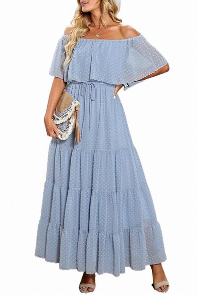 

sky blue yellow yellow off shoulder ruffle swiss dot maxi dress l41g#, Black;pink