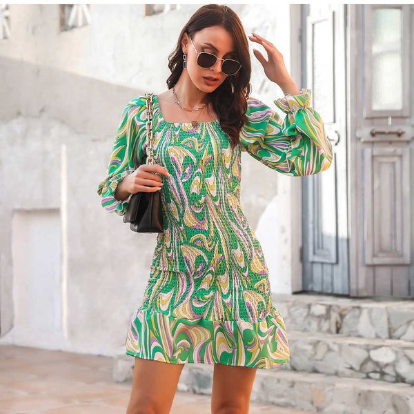 

casual dresses fashion mini dress woman spring autumn casual long sleeve ruffles floral green print elegant dress party dresses for woman ro, Black;gray