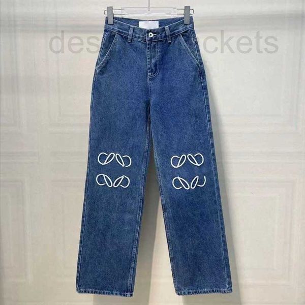 

womens jeans designer pants fashion embroidery pattern straight slacks loose cotton fabric denim trousers pants wom5, Blue
