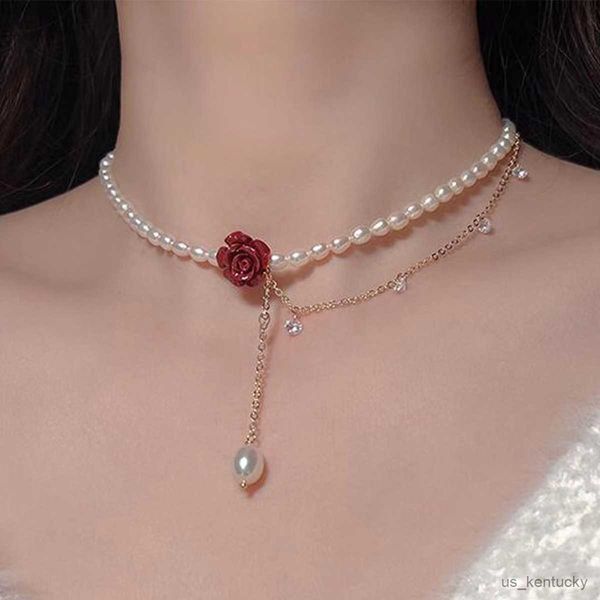 

pendant necklaces fashion retro hong kong style rose flower zircon pearl nelace exquisite design clavicle temperament versatile pendant gift, Silver