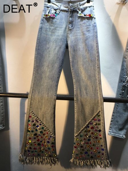 

women s jeans deat menyala wanita celana panjang denim elastis ramping pas badan pinggang tinggi burr tepi berlian rumbai fashion baru musim, Blue