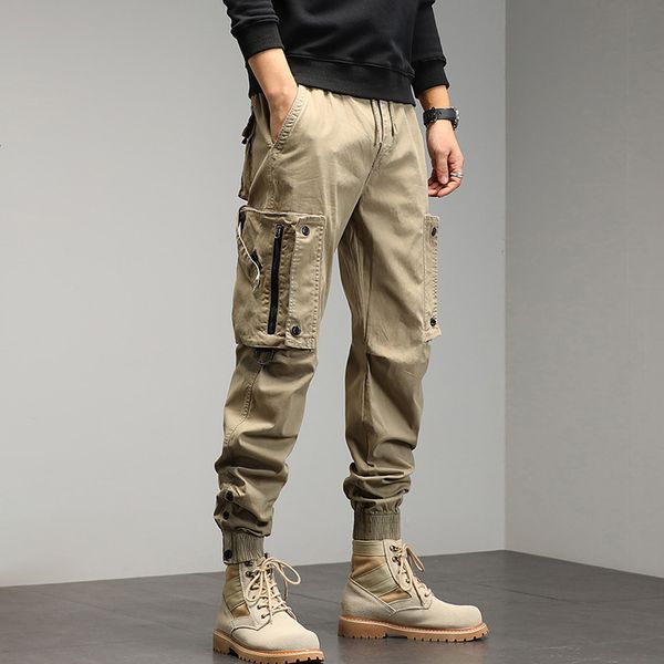

men's pants khaki cargo pants men drawstring ankle length 9 part trousers streetwear fashion cotton pants men casual work pants militar, Black