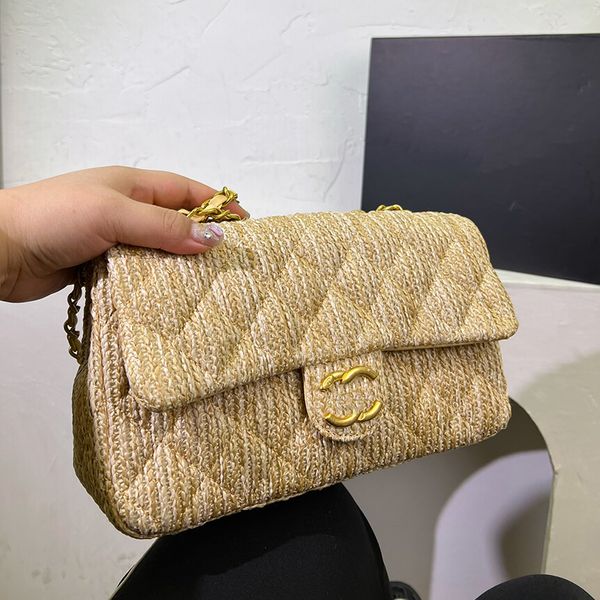 

designer womens shoulder bag wear-resistant straw braided bag gold hardware metal turn buckle braided chain portable crossbody bags card cli