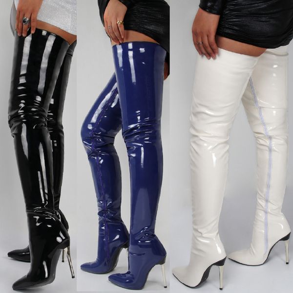 

boots sepatu bot atas lutut kulit paten wanita tinggi seksi hak stiletto ukuran besar baru as mujer 230516, Black