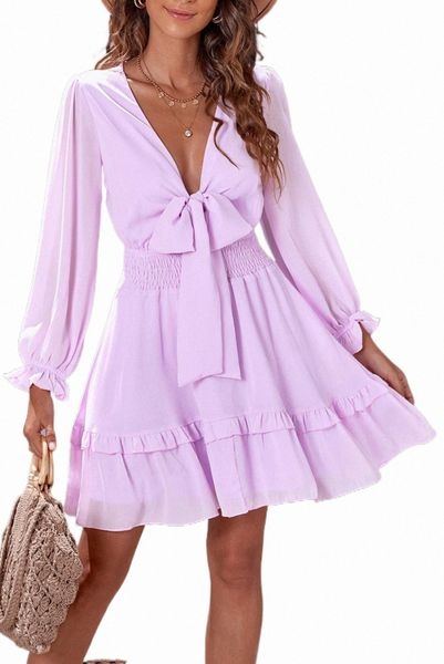 

deep v neck lantern sleeve knotted tiered mini dress l8jq#, Black;pink