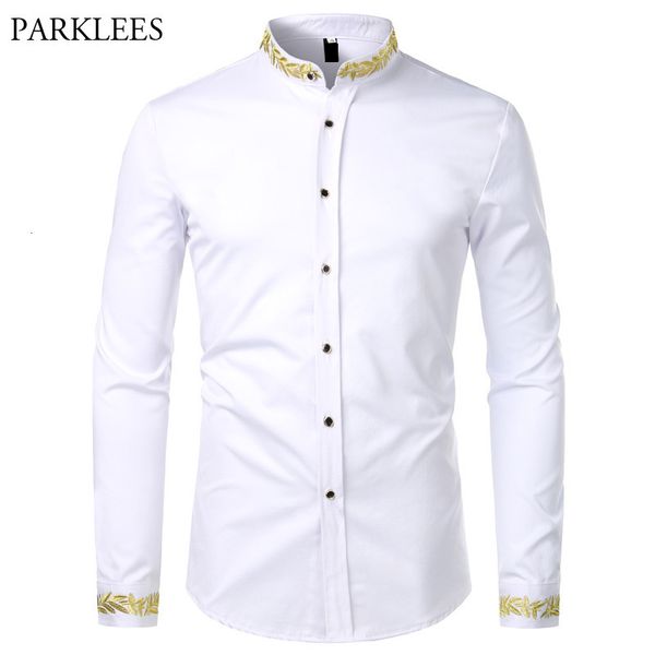 

men's casual shirts gold embroidery white shirt men brand stand collar mens dress shirts casual slim long sleeve chemise homme camisa, White;black