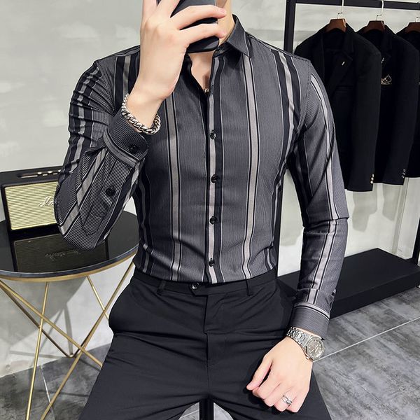 

men's casual shirts british style autumn striped shirts mens long sleeve business slim fit casual shirt homme social formal wear blouse, White;black