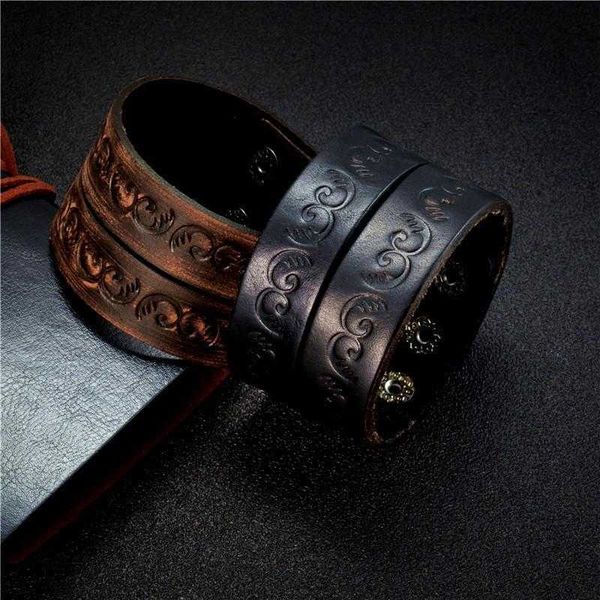 

arrival mens retro simple cowhide leather wide bracelet embossed hand jewelry, Golden;silver