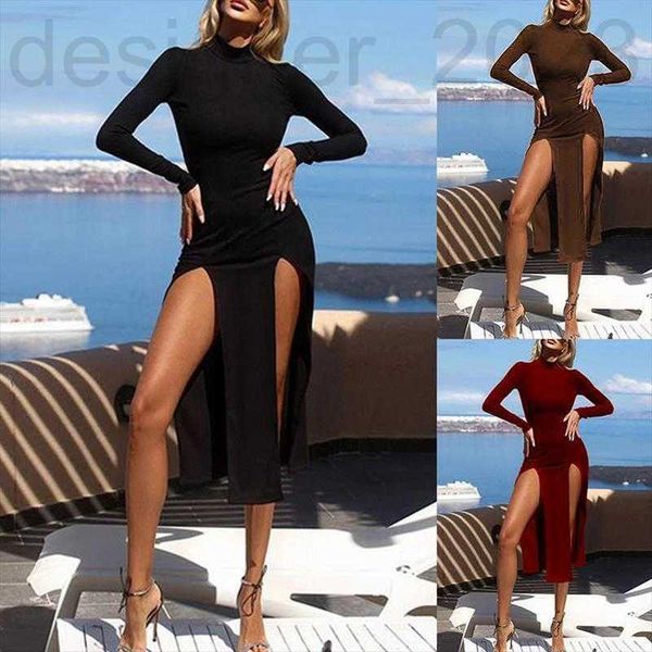 

casual dresses designer autumn solid color slim-fit doue slit half-high collar ropu, Black;gray