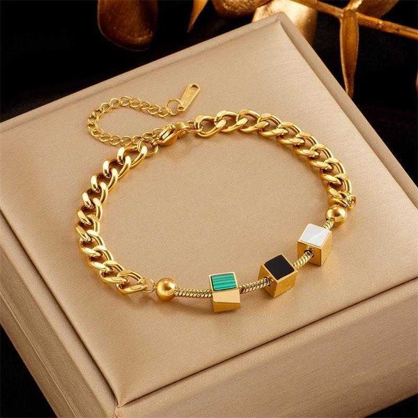 

personalized niche design light chain luxury and simplicity three dimensional square shell patch titanium steel all match jewelry bracelet, Black