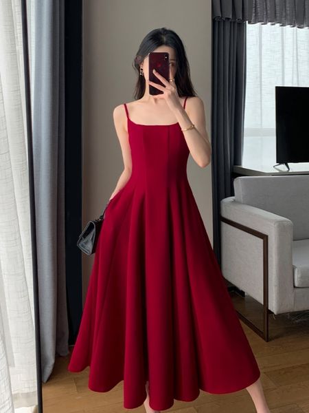 

party dresses gaun pesta merah vintage baru wanita 2023 musim panas tanpa lengan leher persegi backless gaun midi elegan desain runway a lin, White;black