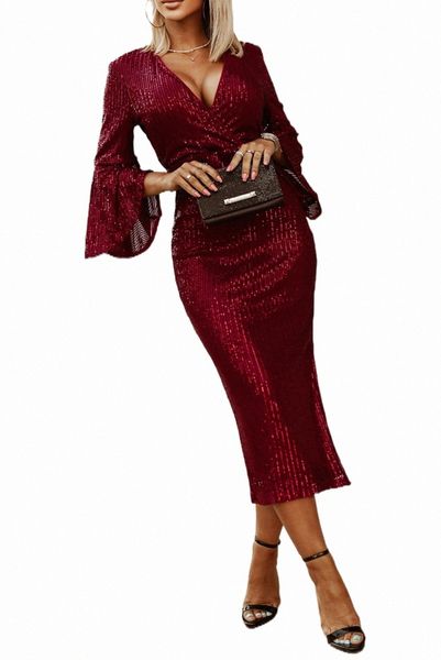 

red deep v neck bell sleeve sequin dress 2023 new j4qm#, Black;pink