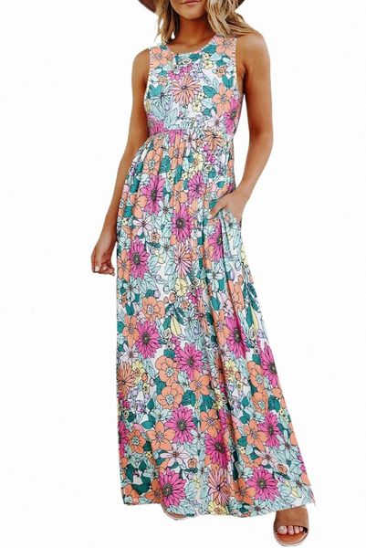 

multicolor floral print high waist sleeveless maxi dress 61ym#, Black;pink
