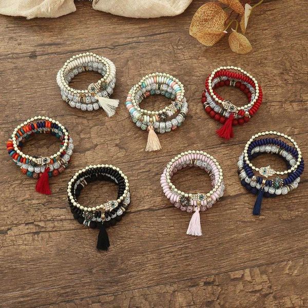 

eye bracelet set female boho tassel pendant volcanic rock beads, Golden;silver