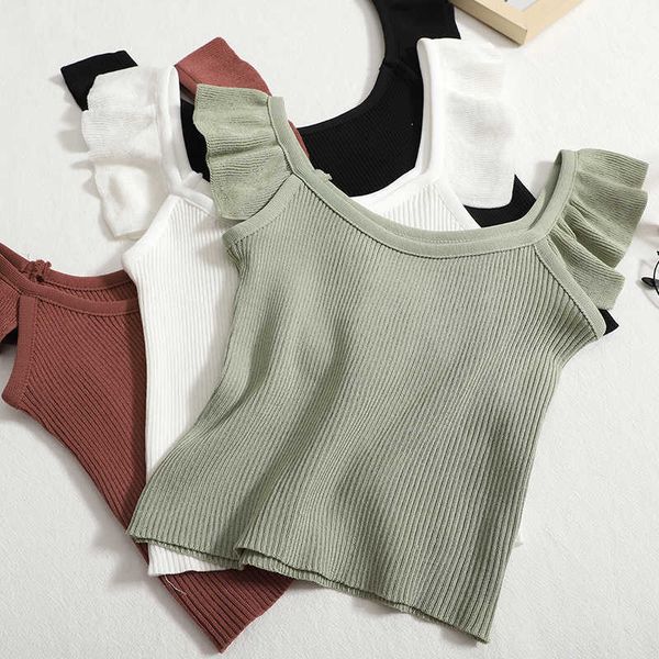

women's tanks camis heliar women knitt ruffles crop o-neck sleeveless summer crop female casual basic off shoulder slim tank aa230515, White