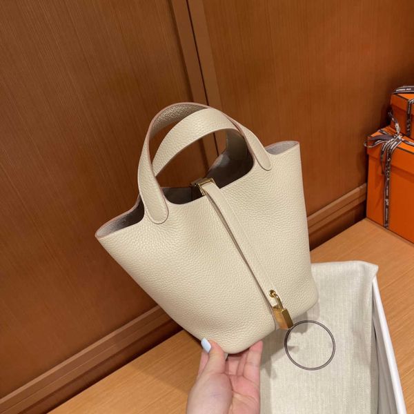 

authentic handbag desinger totes picotin bags home h original tc leather hand sewn vegetable basket bag 18cm milkshake platinum buckle rg8g