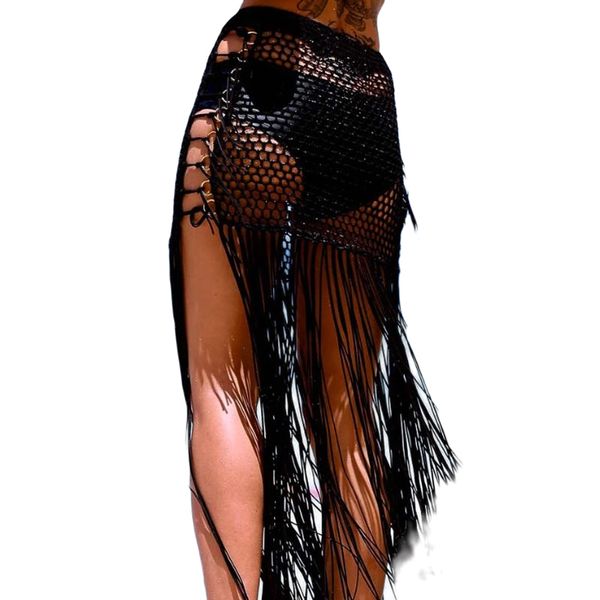 

skirts womens swimwear coverup skirt solid color long tassel fishnet bikini smock summer beach bottoms 230516, Black