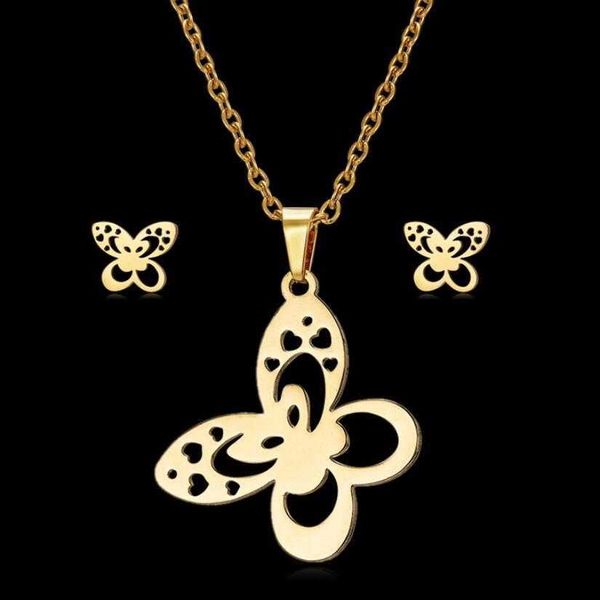 

pendant necklaces stainless steel cute hollow butterfly pendant nelace stud earrings for women girls fashion fine jewelry set, Silver