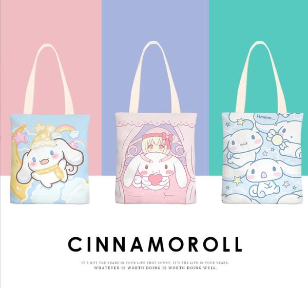 

girls kawaii cinnamoroll print zipper canvas handbag girl student lovely accessories bags big capacity, Black