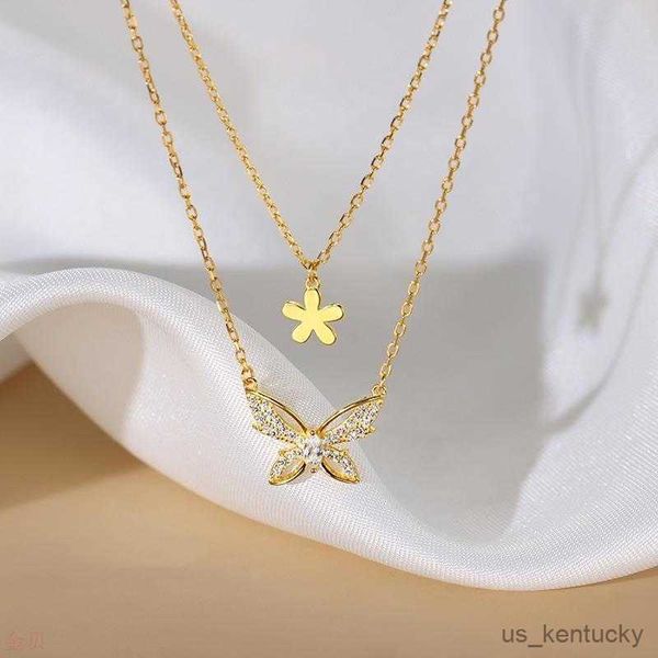 

pendant necklaces fashion sterling silver butterfly nelace for women double layer flower clavicle chain nelaces party jewelry