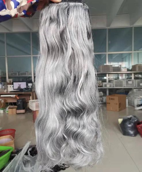 

mixed grey human hair wavy ponytail hairpiece extension long short corn wave ponytail hairpieces magic paste wrap around clip in p2934403, Black