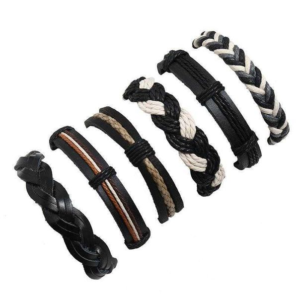 

simple retro six piece bracelet diy braided leather mens, Golden;silver