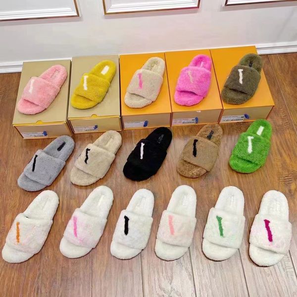 

Women Designers Slides Slippers Fashion Luxurys wool Slipper Leather Rubber Flats Womens Sandals Summer Beach Shoes Gear Bottoms Sliders with box+dust bag size 35-42