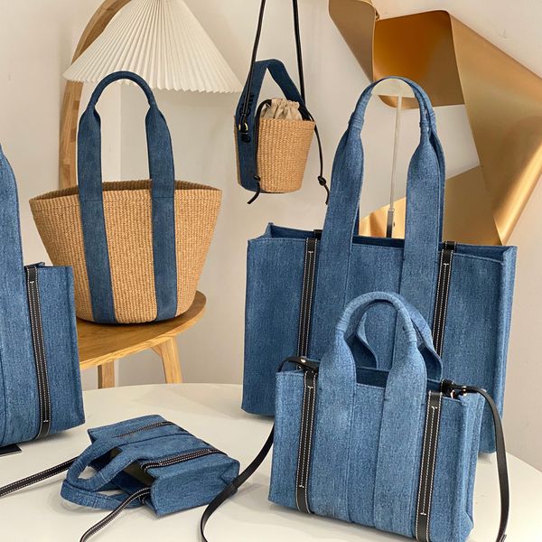 

2023 collection of luxury summer denim tote bags all size designer chloee woman woody denim beach bag canvas leather stitching basket bag fa