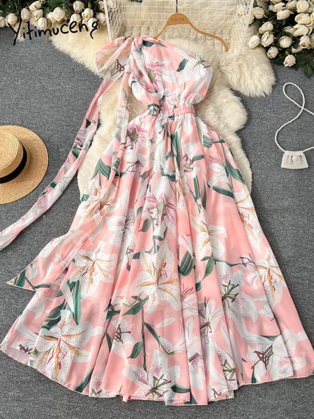 

casual dresses yitimuceng chiffon maxi dresses for women fashion fairycore diagonal collar floral summer dress casual backless dresses 23051, Black;gray