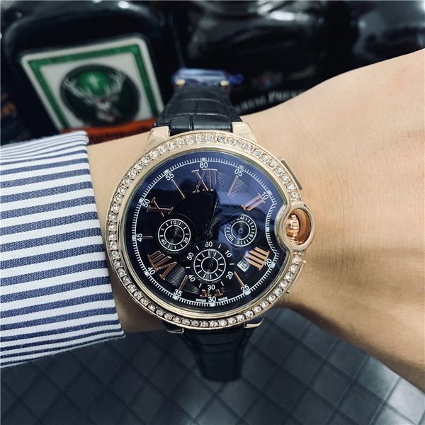 

men's watch 48mm six hands full function watch diamond dial business fashion watch leather buckle strap gift watches, Slivery;brown