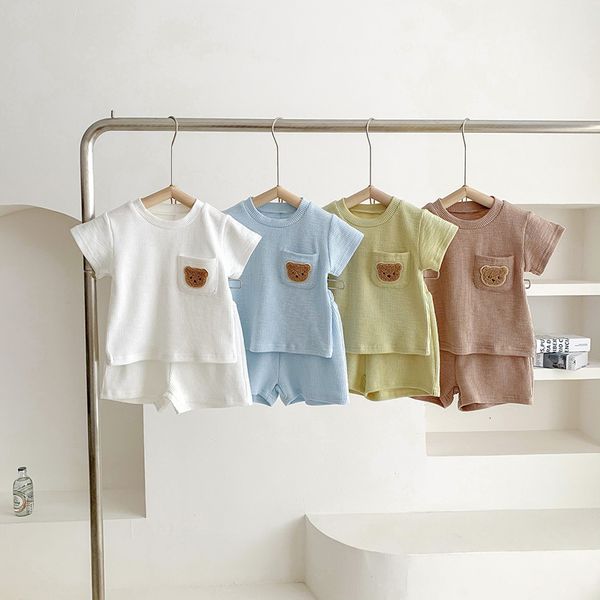 

pajamas milancel 2023 baju bayi musim panas kaus solid dan celana pendek 2 potong anak laki laki setelan 230516, Blue;red