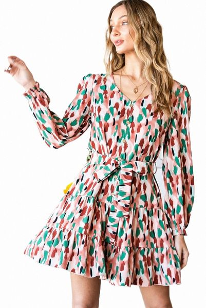 

multicolor fun camo print tie waist flared tiered dress e3bs#, Black;pink