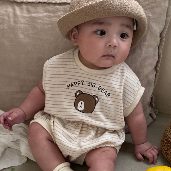 

rompers 2023 musim panas baru bayi lucu beruang cetak bodysuit laki laki lengan pendek kasual jumpsuit katun balita perempuan pakaian kartun, Blue