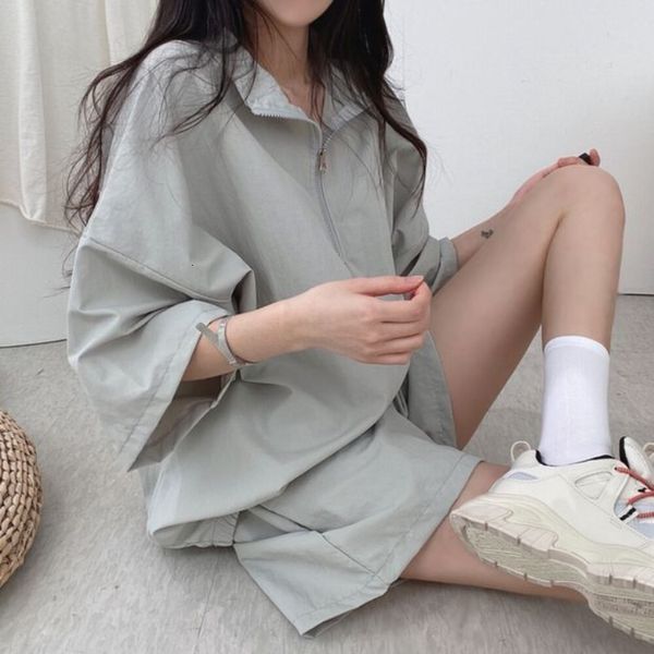 

women's two piece pants short sleeve shorts women's two-piece summer fashion casual sportswear loose polo neck stitching zipper ko, White