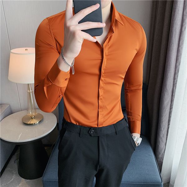 

men's casual shirts men's shirt high elasticity seamless long sleeve slim casual shirt solid color business formal dress shirts so, White;black