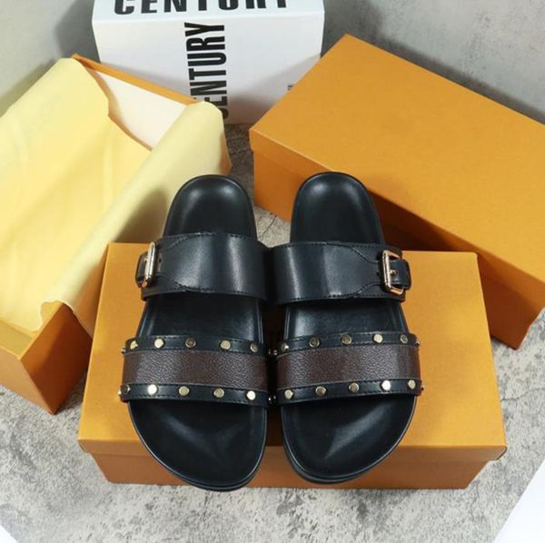 

bom dia sandals famous designer woman summer platform sliders flat mules double gold buckle real leather beach slippers shoes, Black