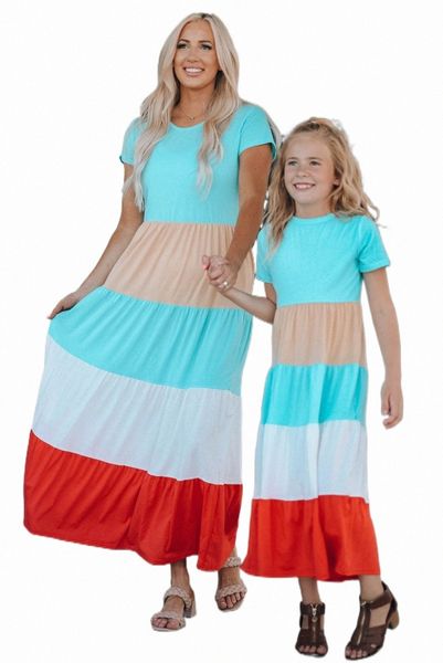 

family matching short sleeve color block maxi dress q3oh#, Black;pink