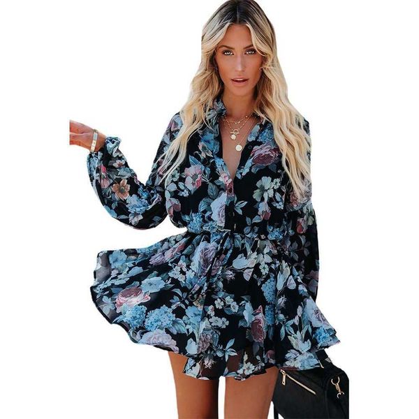 

casual dresses 2022 new women autumn flower print dress with v neckline casual ruffles chiffon dress feminine boho elegant a line holiday pa, Black;gray
